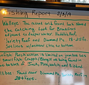 image of fishing report board at Trappers Landing