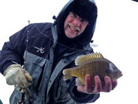 image of Bill Powell holding big bluegill on ice