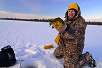 image of Jon Thelen hold Bluegill on ice