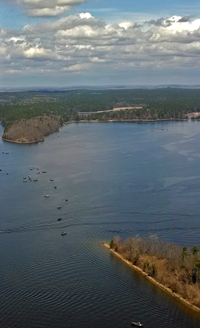 aerial image of fishing boats on Cutfoot Sioux between Battle and Seely Points