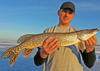 image of ice fisherman with nice Pike on Ball Club Lake