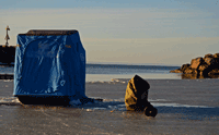 image of ice fishing shelter at Lake Superior