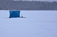 image ice fishing shelter on Jessie Lake